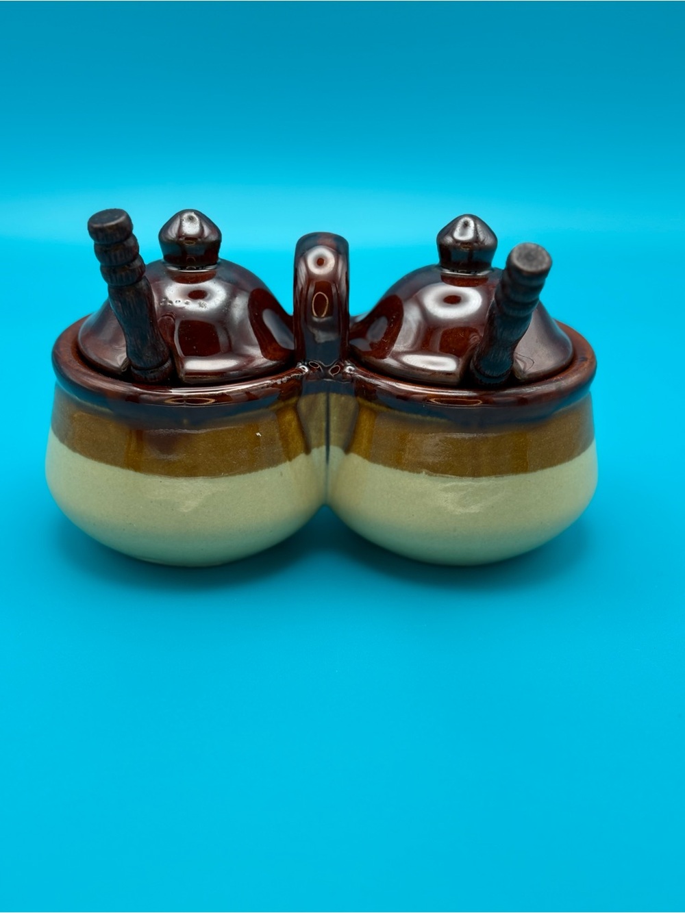 Vintage Double Condiment Pot with Spoons - Brown and Cream